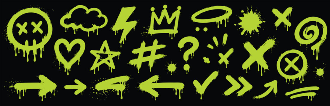 Neon green graffiti spray paint icons set on black background urban street art symbols including skull, heart, crown, arrows, star, and hashtag