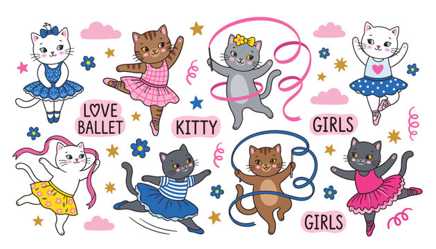 Ballet cat vector illustration set. Tutu skirts, rhythmic gymnastics ribbons, stars, flowers, clouds and cute dancing kitten characters.