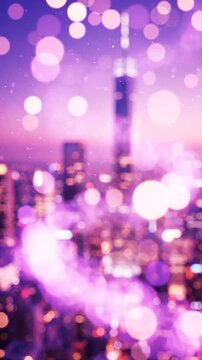 A Stunning Artistic Representation of a Vibrant Cityscape Glimmering with Colorful Lights and Soft Bokeh Effects Against a Dreamy Purple Sky at Dusk