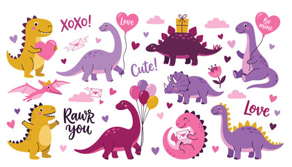 Valentine dinosaur vector illustration set. Holding hearts, romantic balloons, love letters, t-rex, triceratops, stegosaurus and cute cartoon reptile characters. © Creative Studio 