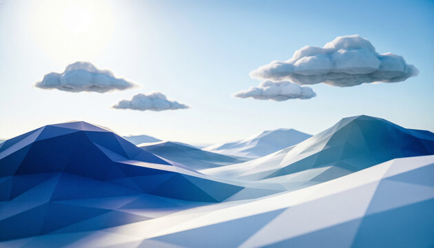 Low poly mountain landscape with fluffy clouds and blue sky