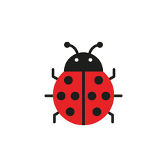 Simple ladybug icon with black spots on red shell, black head and antennae, isolated on white, insect vector illustration © Noah