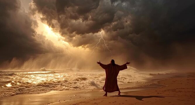Biblical scene of jesus christ raising his arms in prayer on a sandy beach during a dramatic thunderstorm with lightning striking over the powerful ocean waves, symbolizing faith and hope