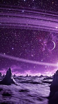 A Stunning Cosmic Landscape: Explore the Majestic Beauty of a Purple Planet Surrounded by Stars and Rings in a Splendid Galactic Scene