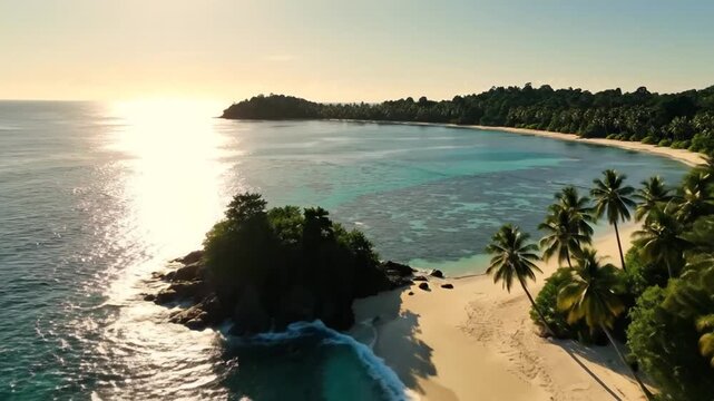 Tropical Beach Sunset with Palm Trees and Ocean Waves.