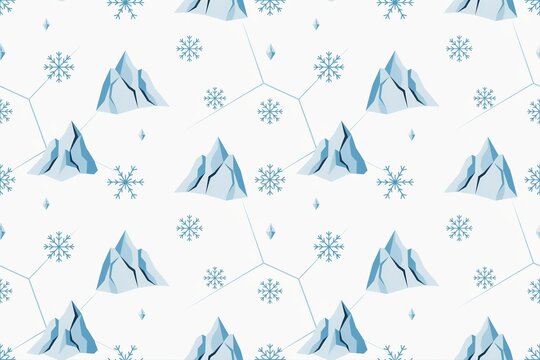Minimalist seamless pattern with stylized blue mountain peaks and small snowflake arranged on a plain white background, for winter decor