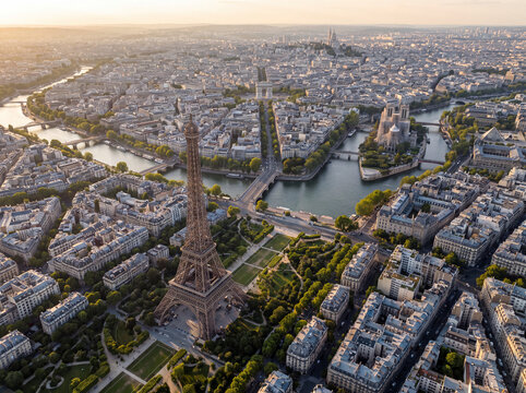 Aerial Panorama of the Eiffel Tower, Seine River and Paris Landmarks at Golden Hour