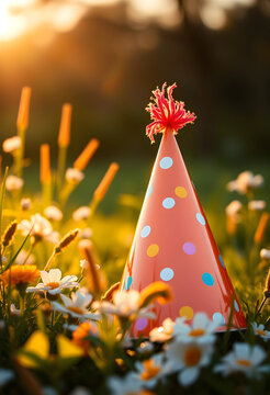 Red party hat with colorful polka dots and a fluffy top in a field of wildflowers at golden hour, Bathed in the warm glow of golden hour, creating a soft and inviting atmosphere