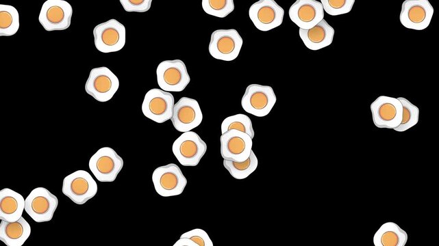 Animated Fried Eggs Falling Downward Against a Solid Black Background