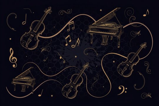 Musical background, featuring grand pianos, violins, and golden, music notes on, a dark textured, surface with swirling, line patterns