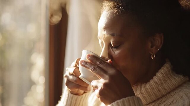 Woman enjoying hot beverage in cozy setting.