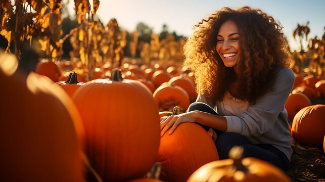 Woman smiling in a pumpkin patch at sunset with warm lighting.