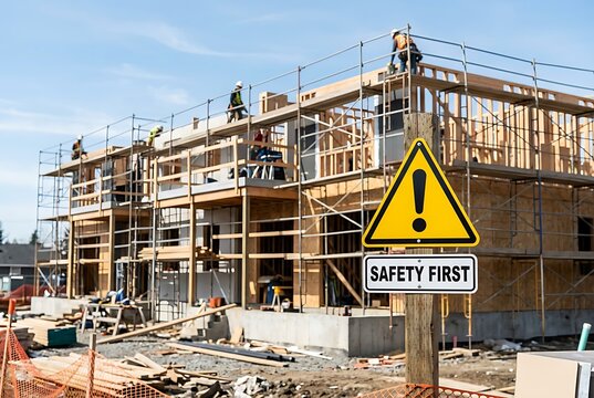 Construction site with workers and safety sign, representing construction and safety concept.