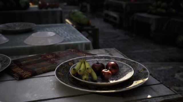 Editorial plate of fruit on table, lowcontrast palette and selective focus highlight ripe bananas and glossy apples, layered porcelain and market backdrop