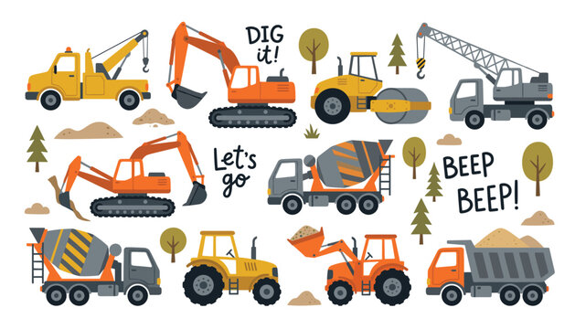 Construction vehicle vector illustration set. Excavator, cement mixer, dump truck, crane, bulldozer, tractor and cute transport machine elements.