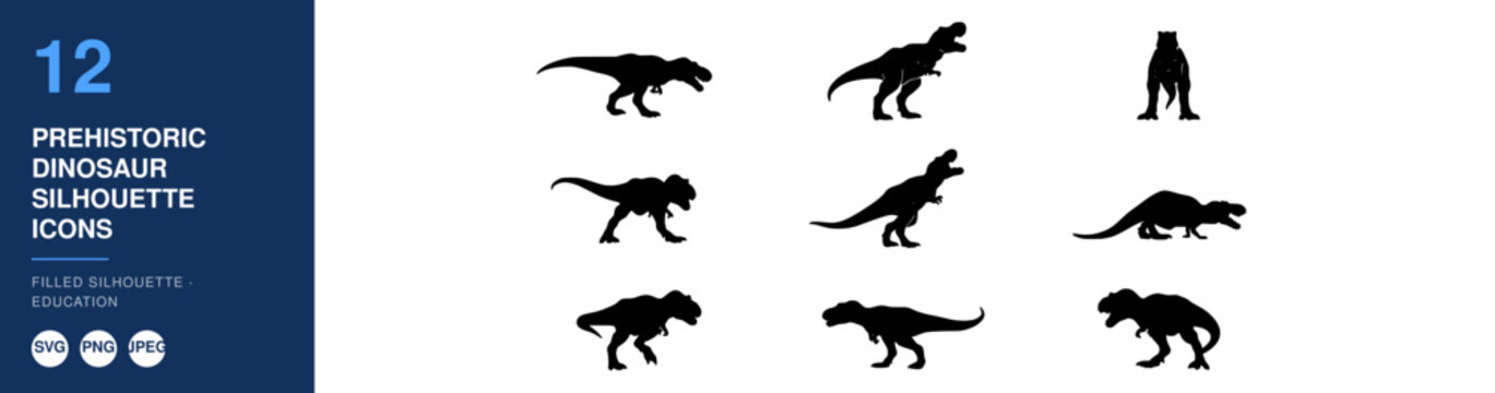 Dinosaurs: a Collection of Twelve Distinct Black Prehistoric Dinosaur Silhouette Icons, Including Various Species in Different Poses, Isolated on a