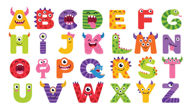 Monster alphabet vector illustration set. ABC font letters with eyes, horns, teeth, funny expressions and cute creature characters.
