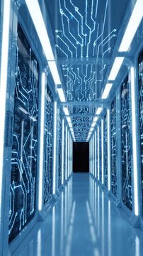 Futuristic Data Center Corridor: A Glimpse into Advanced Technology with Glowing Circuitry and Modern Architectural Design Promoting Connectivity and Efficiency
