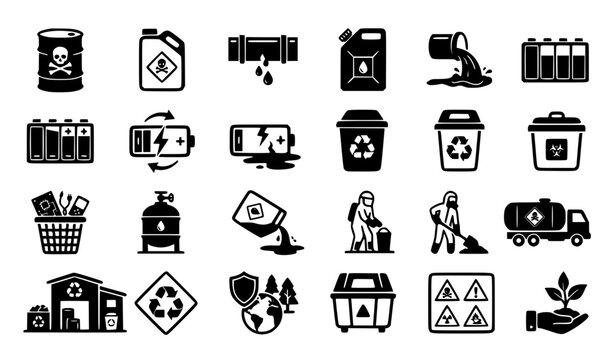 Hazardous Chemical Waste Management Solid Icon Set Featuring Toxic Barrel Leaking Pipe Hazmat Worker Fuel Tanker and Recycling Facility for Environmental UX UI Graphic Designs