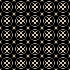 Fototapeta premium Elegant seamless floral geometric pattern featuring vintage ornamental motifs in beige on a black background, ideal for wallpaper, textiles, fabric, packaging, and luxury surface design.