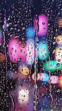 A Vibrant Cityscape Through Raindrops: A Close-Up View of Colorful Lights and Water Droplets Adding a Dreamy Aesthetic to the Urban Night Scene