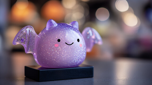 Cute glittery bat squishy toy with smiling face displayed on a stand against a blurred background representing kawaii design, collectible toys and playful decor