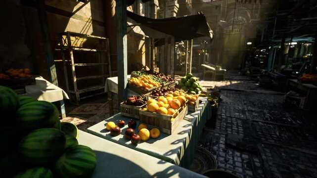 Backlit market stall in spice souk, dramatic contrast with long shadows on wet cobblestone, stacked melons and squash glowing at edge of frame, quiet