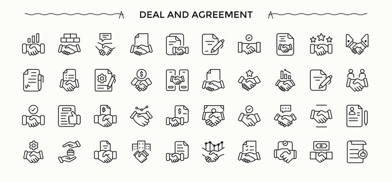Deal And Agreement related icon set. Deal icon set. Minimal icons set. It contains symbols to deal, partner, collaboration, cooperation, partnership and more. Editable stroke vector art.