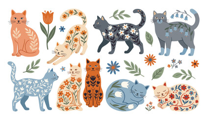 Folk art cats vector illustration set. Floral kittens, botanical leaves, tulip flowers, bluebells, folk style silhouettes and cute pet characters. © Creative Studio 