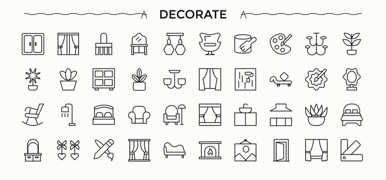Decor linear icon collection. House Decoration set of line pictogram. Icons for UI designs. Art and Design icon set. Editable vector illustration.
