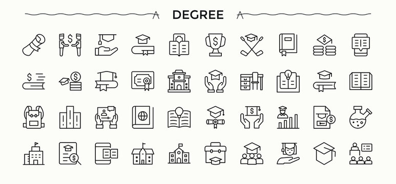 Academy icon set. Minimal icons pack. Contains related to education, learn, university, school, graduation, knowledge, academy. Vector illustration. University icon collection.