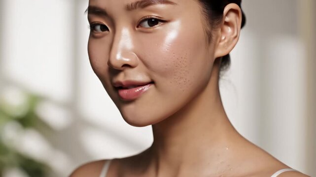 A serene young woman with glowing skin poses naturally while showing her healthy complexion and balanced facial features during a professional skincare campaign that celebrates youth and inner
