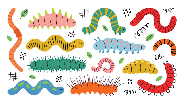 Caterpillar worm vector illustration set. Crawling earthworm, spiky caterpillars, larvae, leaves, abstract swirls and cute garden insect characters.