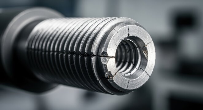 Threaded end of a geothermal drill rod examined under magnification for cracks and abnormalities.