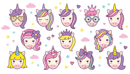 Unicorn face vector illustration set. Rainbow manes, crowns, glasses, bow, stars, clouds, hearts and cute magical fairytale characters. © Creative Studio 