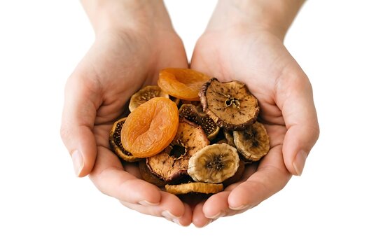 Hands holding dried fruit mix of apricots, figs, and bananas, healthy snack concept.