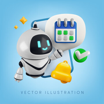 Vector cartoon 3D AI task manager robot concept. Render chatbot assistant, speech bubble, calendar, notification bell, completed task checkmark. Productivity mobile app, workflow automation, scheduler
