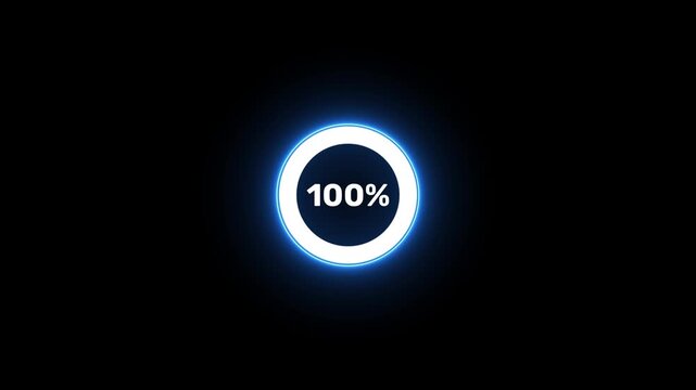 Complete 100 percent loading represented by a bright blue neon circular progress bar on black percentage Motion graphic 4k animation video.