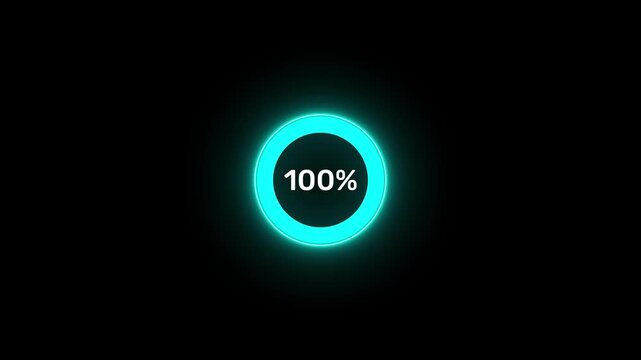 Complete 100 percent loading represented by a bright blue neon circular progress bar on black percentage Motion graphic 4k animation video.