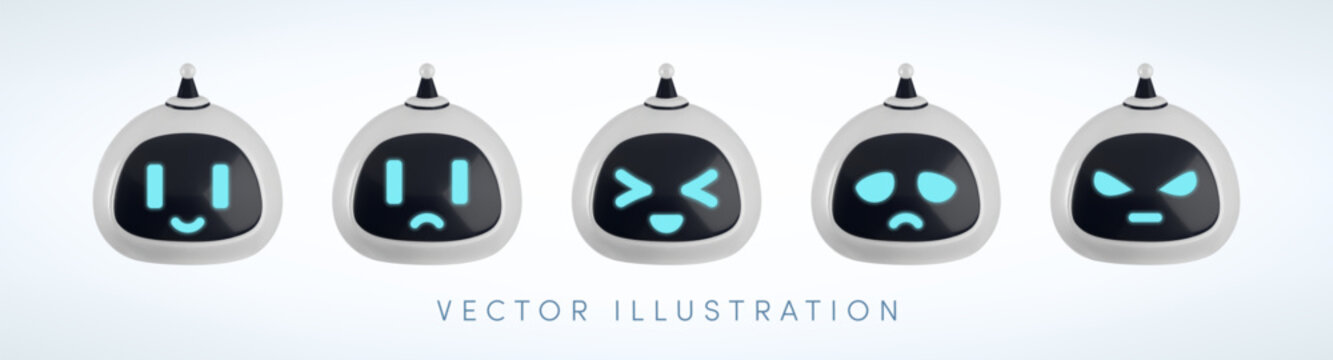 Vector cartoon 3D AI robot emotions set. Realistic render cute chatbot avatar with happy, sad, laughing, worried, angry facial expressions kit for messenger, virtual assistant app, chatbot interface.