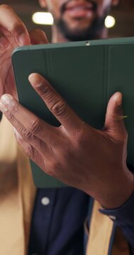 Hands, tablet and man in office with app, website development or research information online. Technology, developer and person with software update, usability test and review design with ai feature