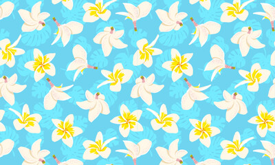 Palm leaves and Plumeria pattern background. Vector cute tropical Hawaiian flower print on blue monstera leaf background. Summer flat texture for beach party decor, wallpaper, fashion, cover, backdrop © Ketmut