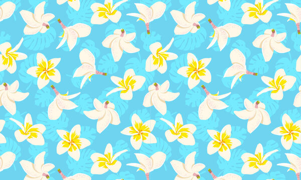 Palm leaves and Plumeria pattern background. Vector cute tropical Hawaiian flower print on blue monstera leaf background. Summer flat texture for beach party decor, wallpaper, fashion, cover, backdrop