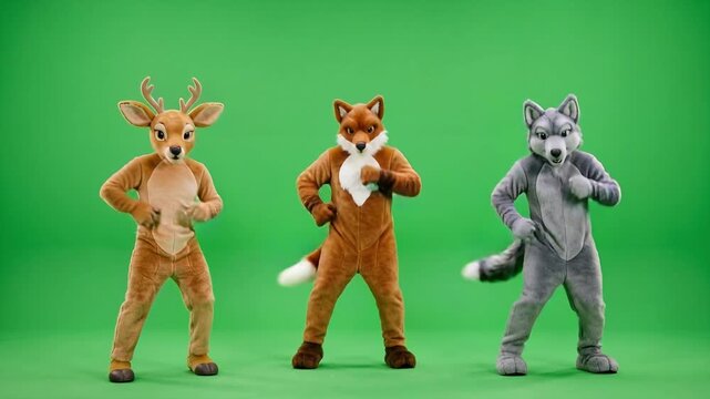 Fox wolf and deer animal mascots dancing in studio. 4K Video