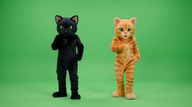 Two cat mascots dancing together against a green screen. 4K Video