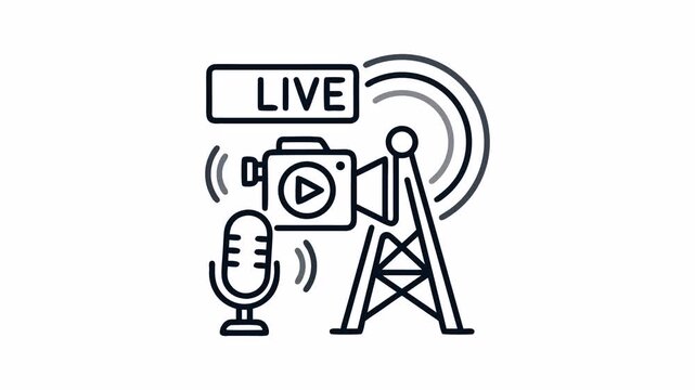 Live streaming and broadcasting vector icon concept with microphone, camera, and transmission tower