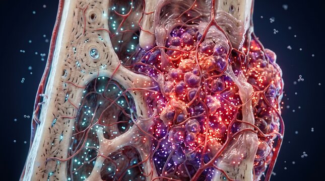 Close up microscopic view of tumor progression showing active cell division and nutrient supply through surrounding blood vessels