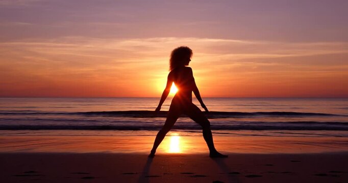 Woman Silhouette Practicing Yoga on Beach at Sunset Surya Namaskar. 4K Video