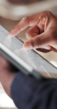 Hands, tablet screen and scroll in office with app, website development or research information. Technology, developer and person with software update, usability test and review design on internet