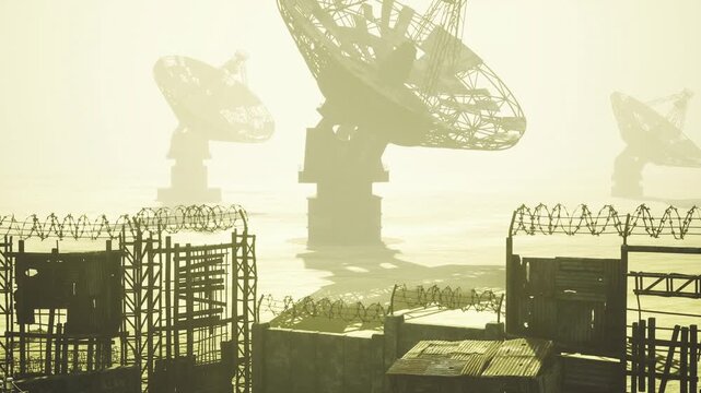 Sunlit antenna park with lowslung service decks and huge parabolic dishes, warm backlight, worn metal and tranquil industrial mood for editorial use.
